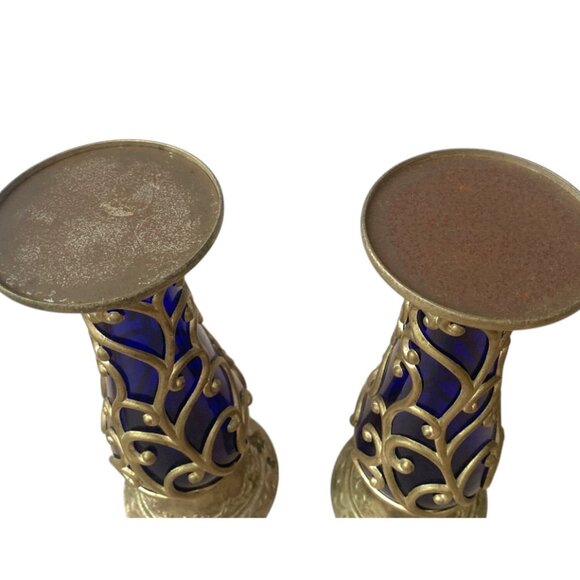 Pair of 10" Cobalt Blue Glass Candle Holders with Brass Filigree Design - Picture 4 of 7